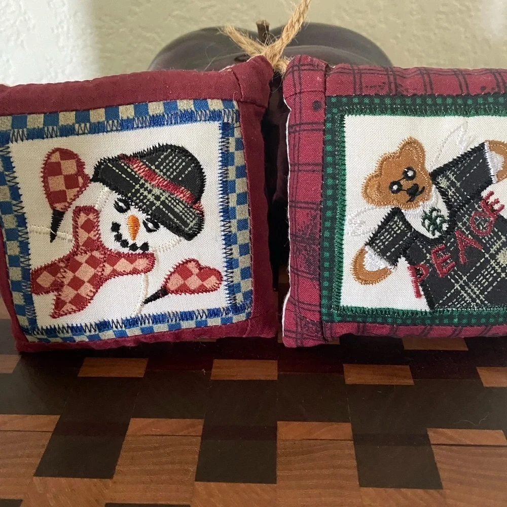 Set Of 2 Vintage Quilted Pillow Plaid Peace Bear and Snowman Ornaments 6”x 6”